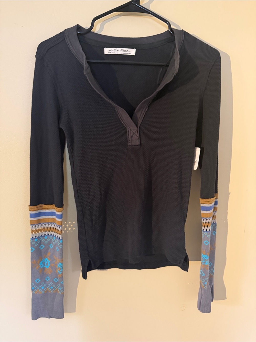 We The Free Black Long-Sleeve Henley with Patterned Cuffs